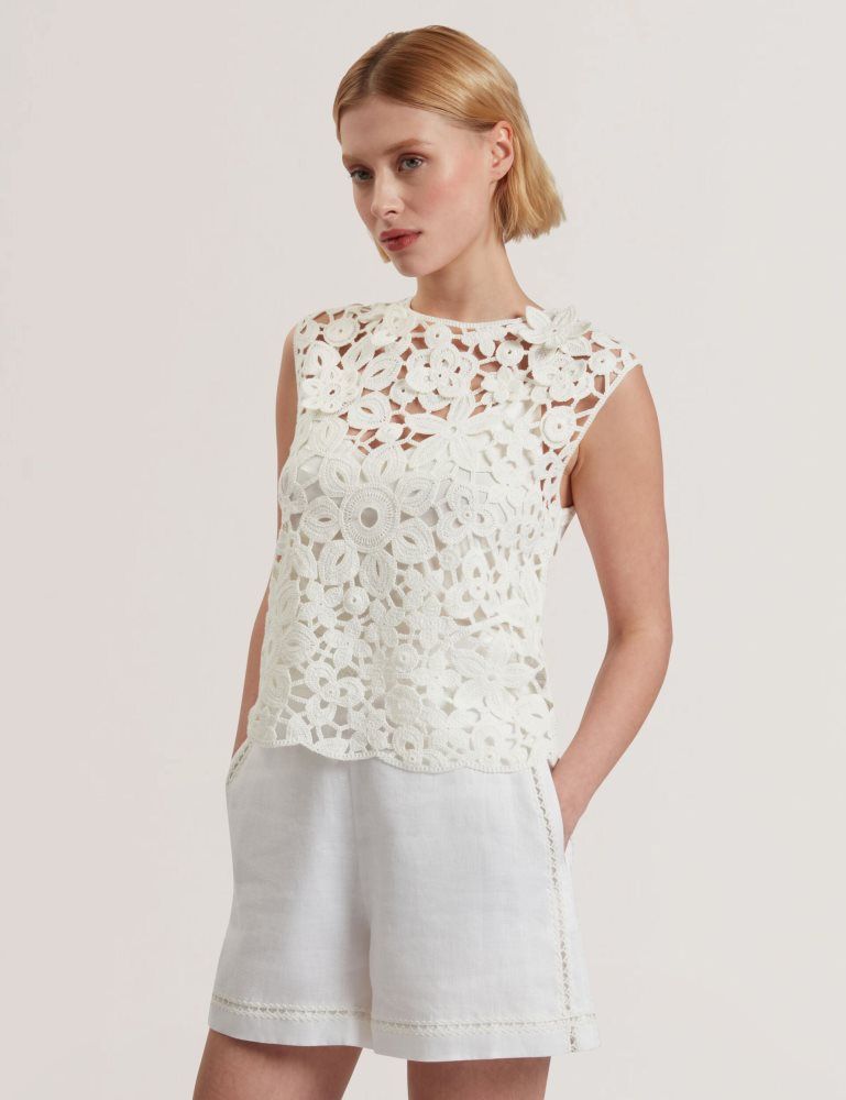 Ted Baker Joyyra - Floral Crochet Knit Sleeveless Top T-shirts Damen Weiß | 941865-YXL