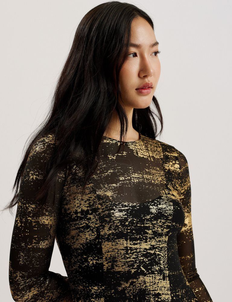 Ted Baker Junhaa - Foil Print Long Sleeve Mesh Midi Dress Kleid Damen Schwarz | 682390-OCI