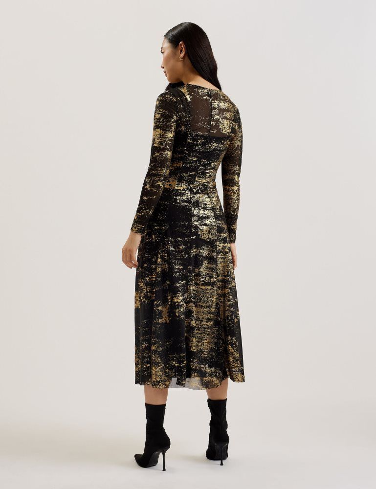 Ted Baker Junhaa - Foil Print Long Sleeve Mesh Midi Dress Kleid Damen Schwarz | 682390-OCI