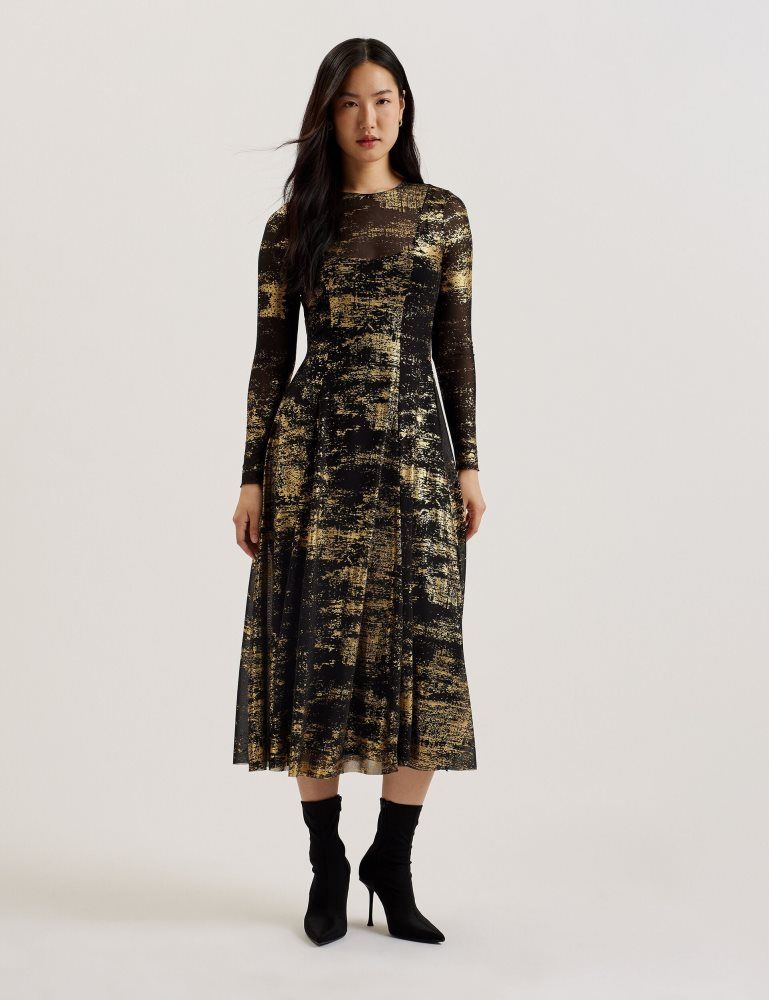 Ted Baker Junhaa - Foil Print Long Sleeve Mesh Midi Dress Kleid Damen Schwarz | 682390-OCI