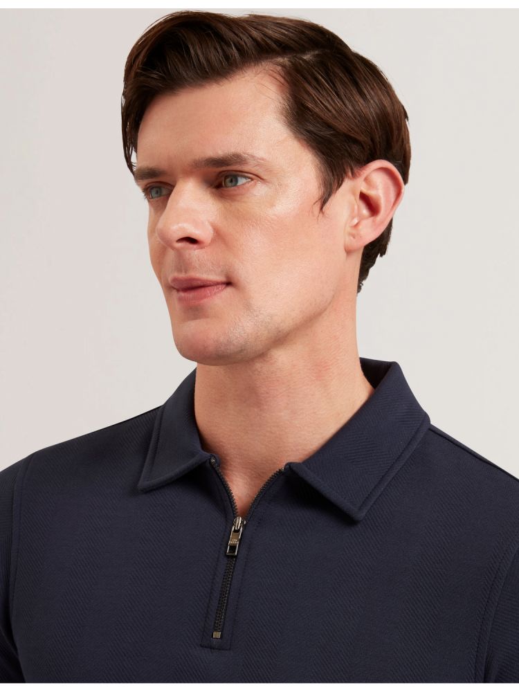 Ted Baker Kalend - Herringbone Zip Neck Long Sleeve Polo Oberteile Herren Navy | 237451-NZL