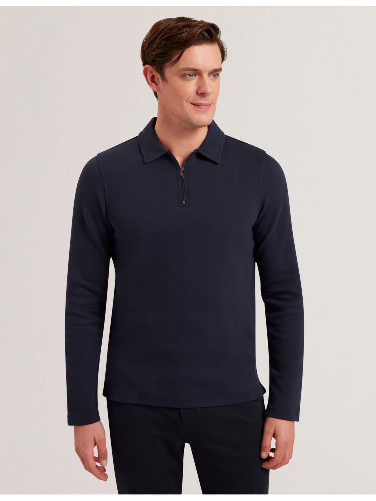 Ted Baker Kalend - Herringbone Zip Neck Long Sleeve Polo Oberteile Herren Navy | 237451-NZL