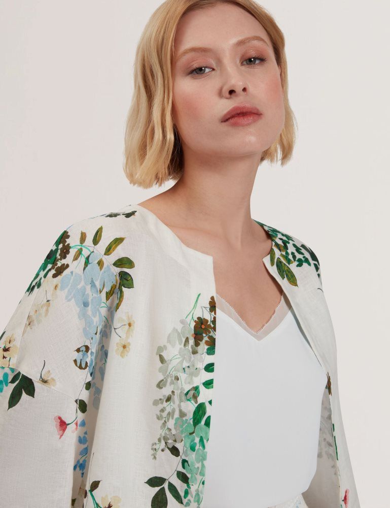 Ted Baker Kalna - Linen Floral Print Cropped Open Jacket Anzüge Damen Weiß | 316207-TCM