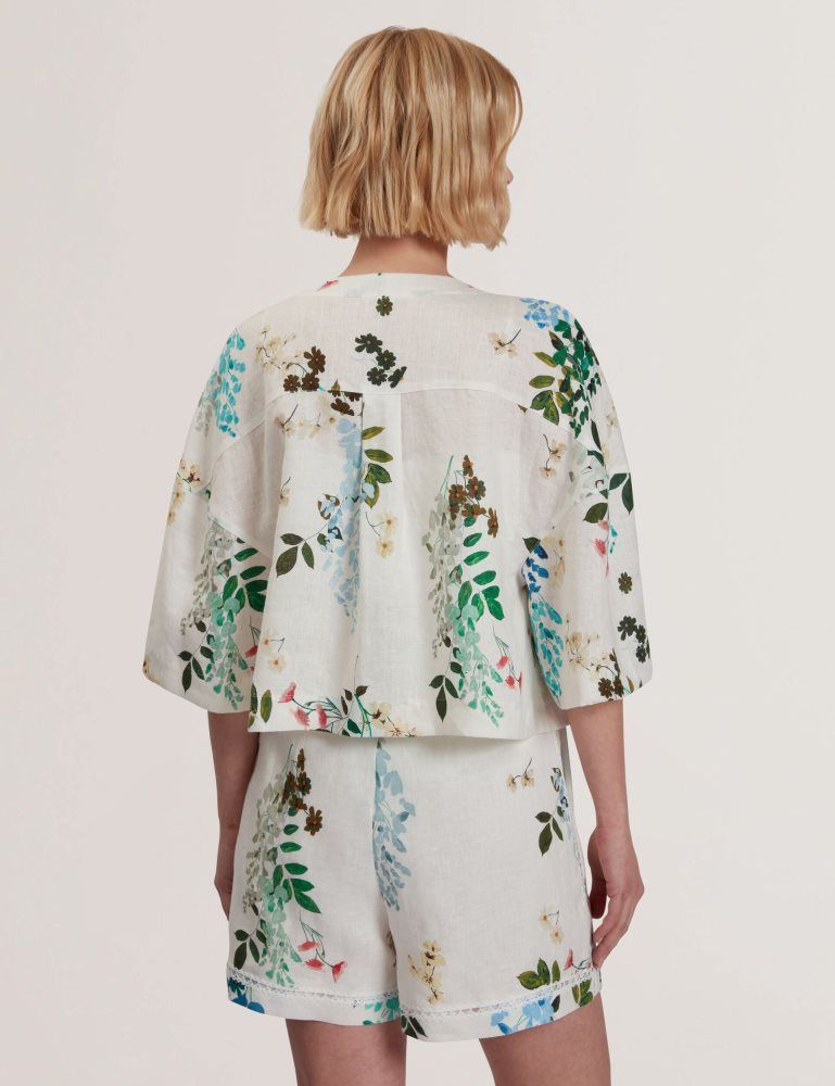 Ted Baker Kalna - Linen Floral Print Cropped Open Jacket Anzüge Damen Weiß | 316207-TCM