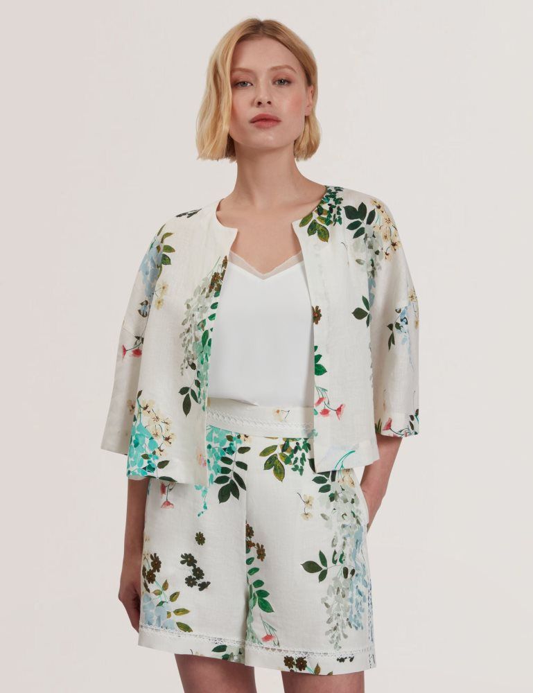 Ted Baker Kalna - Linen Floral Print Cropped Open Jacket Anzüge Damen Weiß | 316207-TCM