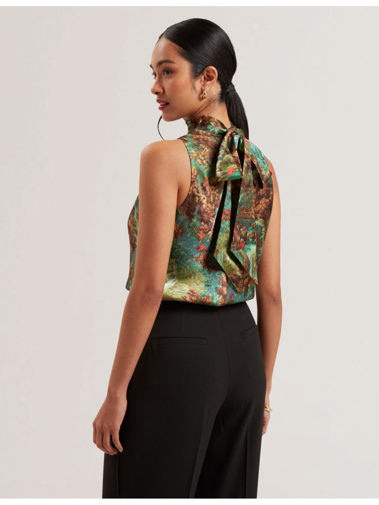 Ted Baker Kalnaa - Printed Satin High Neck Sleeveless Top T-shirts Damen Grün | 796402-AJN