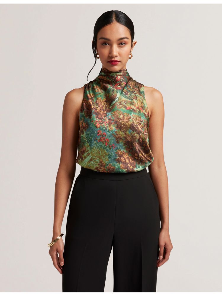 Ted Baker Kalnaa - Printed Satin High Neck Sleeveless Top T-shirts Damen Grün | 796402-AJN