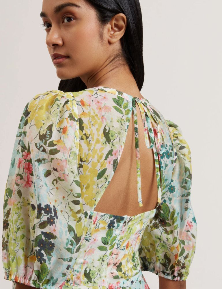 Ted Baker Kandea - Floral Puff Sleeve A-line Midi Dress Kleid Damen Weiß | 541623-UMX
