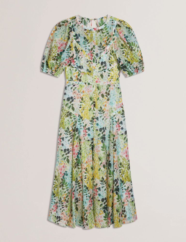 Ted Baker Kandea - Floral Puff Sleeve A-line Midi Dress Kleid Damen Weiß | 541623-UMX