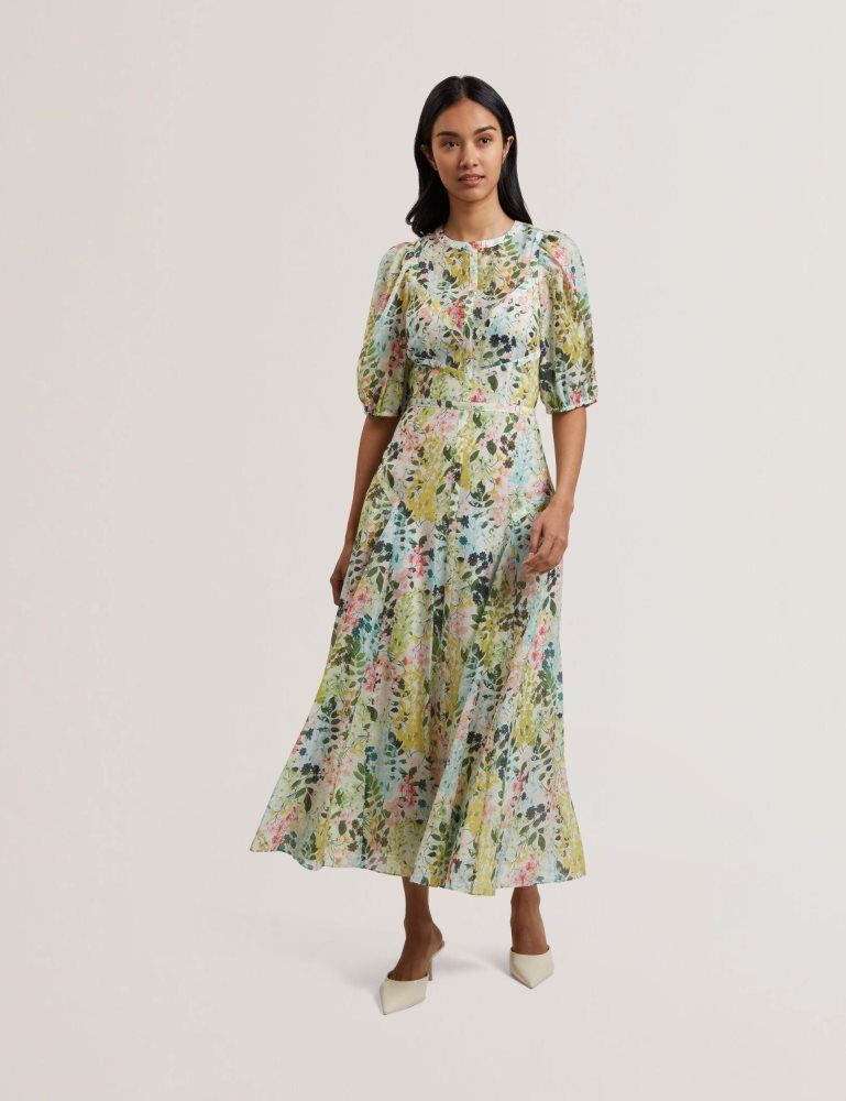 Ted Baker Kandea - Floral Puff Sleeve A-line Midi Dress Kleid Damen Weiß | 541623-UMX