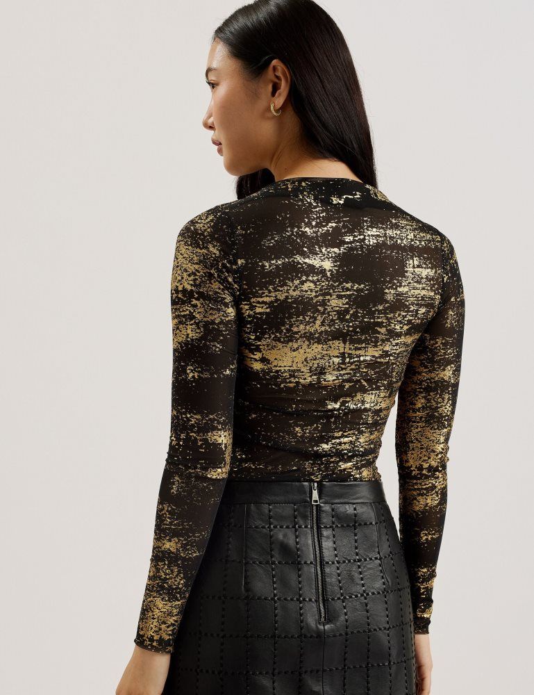 Ted Baker Karenha - Foil Printed Slash Neck Mesh Top T-shirts Damen Schwarz | 852734-WHX