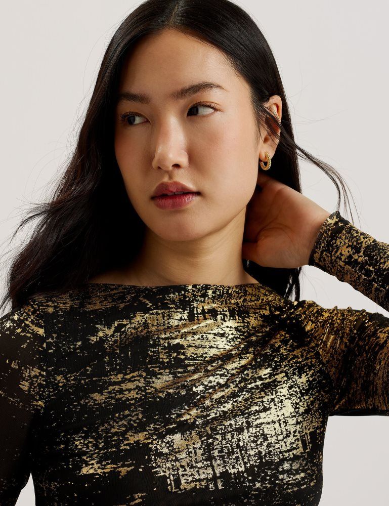 Ted Baker Karenha - Foil Printed Slash Neck Mesh Top T-shirts Damen Schwarz | 852734-WHX