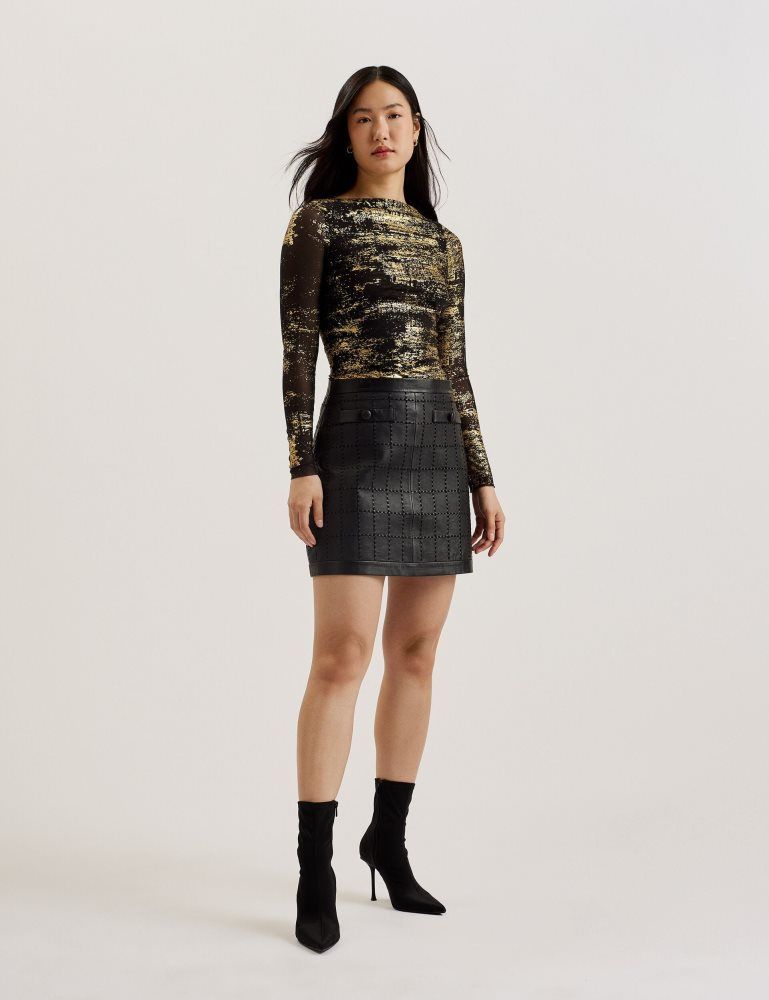 Ted Baker Karenha - Foil Printed Slash Neck Mesh Top T-shirts Damen Schwarz | 852734-WHX