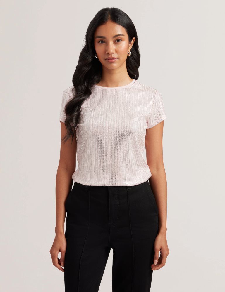 Ted Baker Katrino - Ribbed Metallic Fitted T-shirt T-shirts Damen Rosa | 251683-ABQ