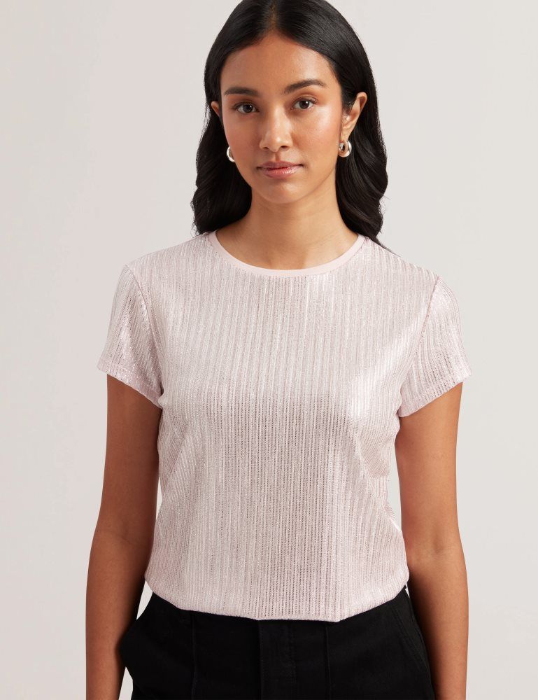 Ted Baker Katrino - Ribbed Metallic Fitted T-shirt T-shirts Damen Rosa | 251683-ABQ