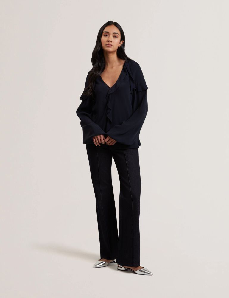 Ted Baker Kayfa - Waterfall Ruffle Trim Long Sleeve Blouse T-shirts Damen Navy | 943257-HPT