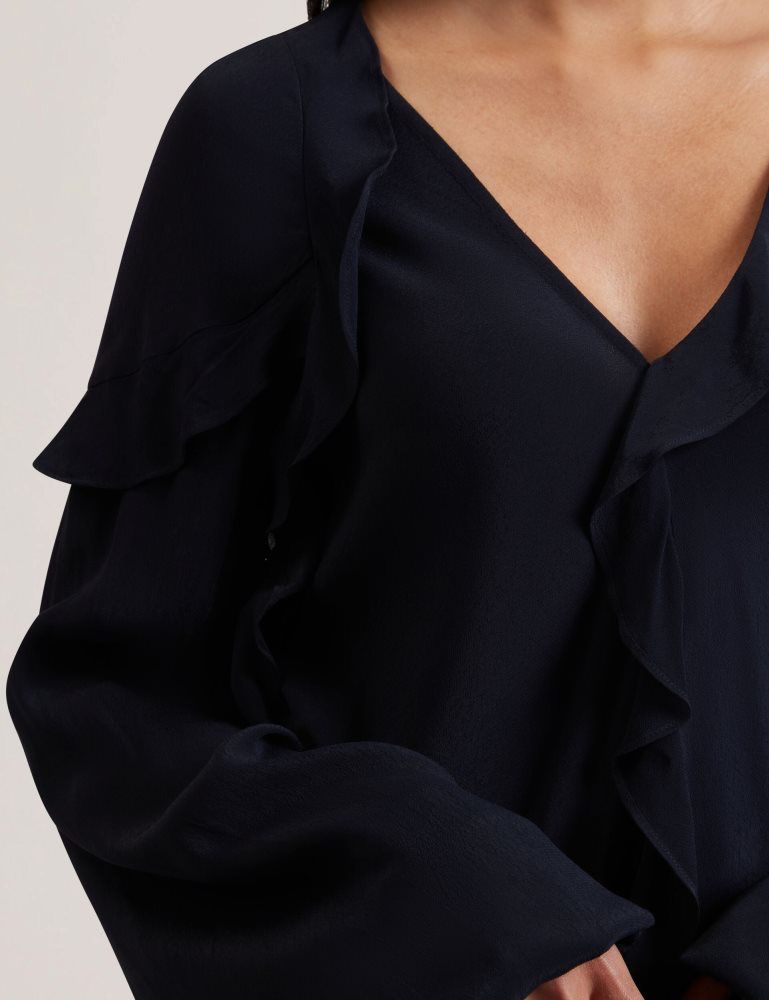 Ted Baker Kayfa - Waterfall Ruffle Trim Long Sleeve Blouse T-shirts Damen Navy | 943257-HPT