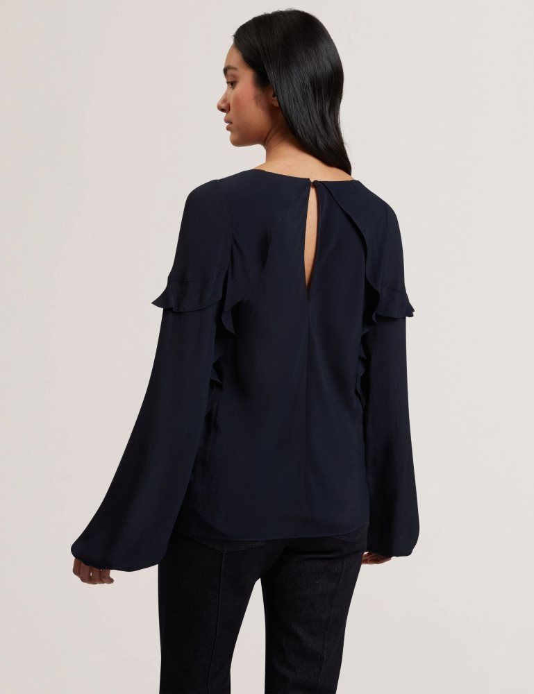 Ted Baker Kayfa - Waterfall Ruffle Trim Long Sleeve Blouse T-shirts Damen Navy | 943257-HPT