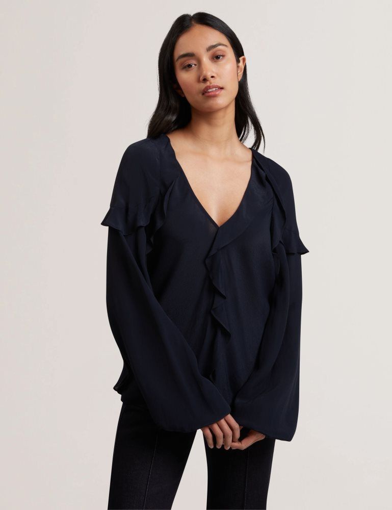 Ted Baker Kayfa - Waterfall Ruffle Trim Long Sleeve Blouse T-shirts Damen Navy | 943257-HPT