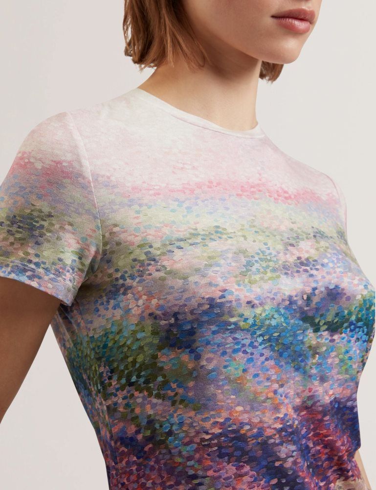 Ted Baker Kaytte - Painted Print Crew Neck Fitted T-shirt T-shirts Damen Rosa | 852197-IEC