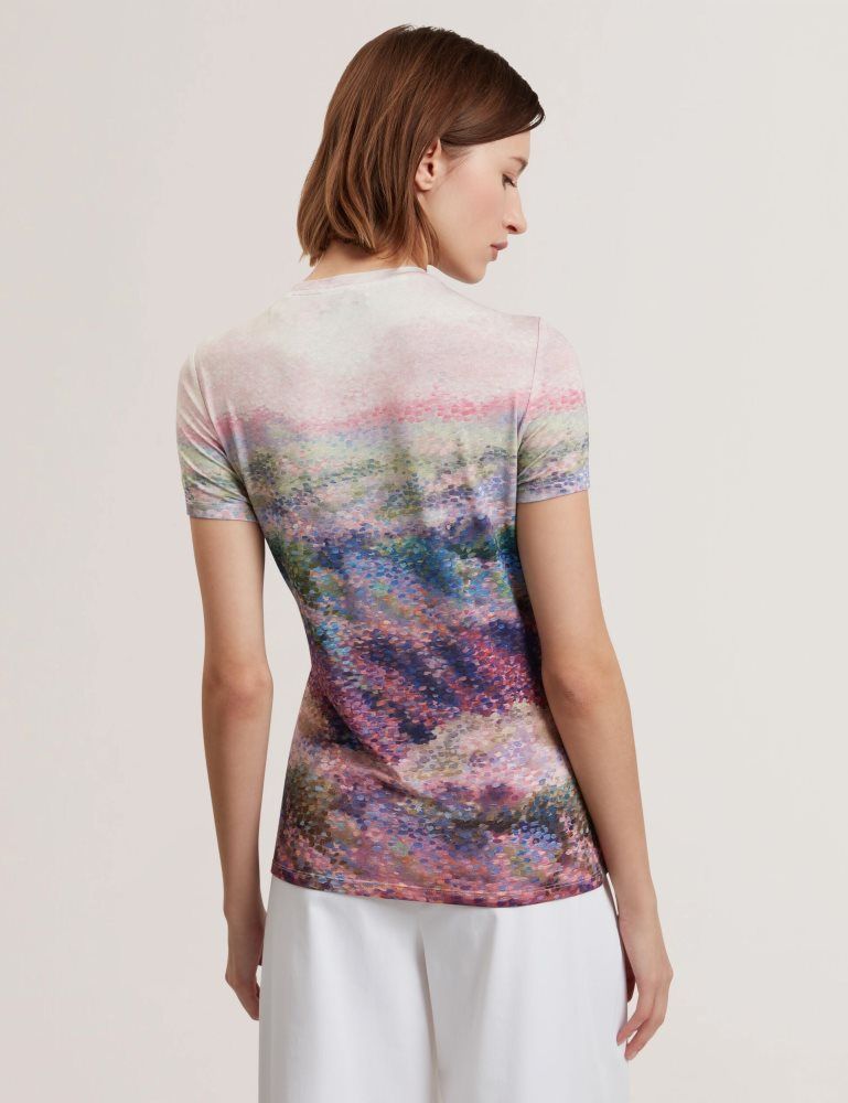 Ted Baker Kaytte - Painted Print Crew Neck Fitted T-shirt T-shirts Damen Rosa | 852197-IEC