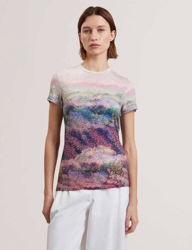 Ted Baker Kaytte - Painted Print Crew Neck Fitted T-shirt T-shirts Damen Rosa | 852197-IEC