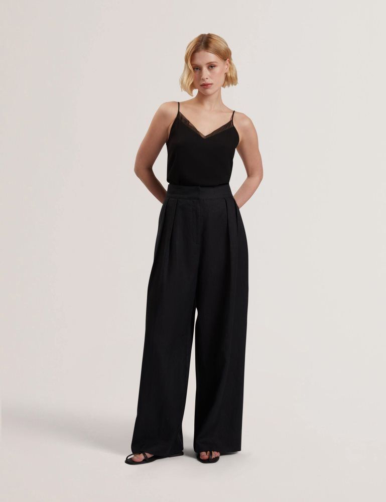 Ted Baker Kyfaat - Pure Linen Tailored Wide Leg Trousers Kurze Hose Damen Schwarz | 482569-ZOH