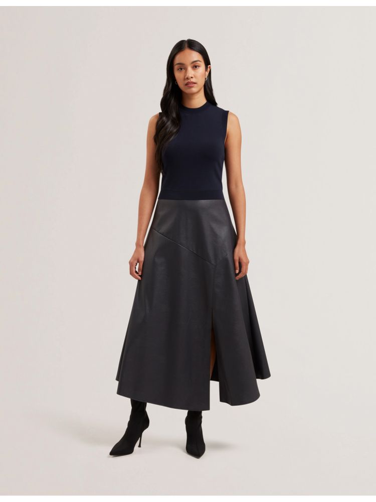 Ted Baker Labasa - Sleeveless Knit Faux Leather Midi Dress Kleid Damen Navy | 167934-FPU