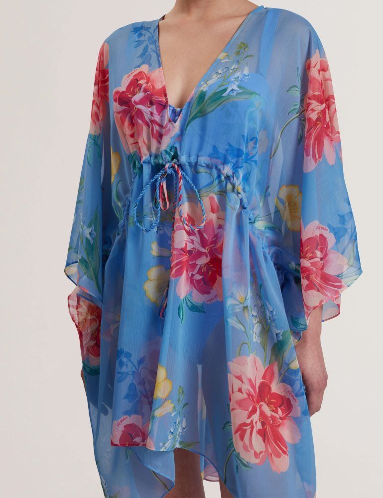 Ted Baker Larja - Floral Print Chiffon Mini Beach Kaftan Bademode Damen Blau | 284013-HPM