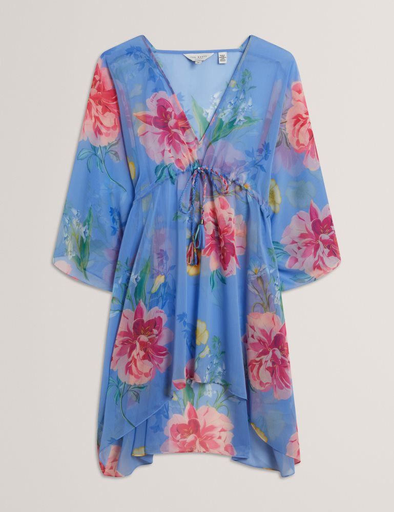 Ted Baker Larja - Floral Print Chiffon Mini Beach Kaftan Bademode Damen Blau | 284013-HPM