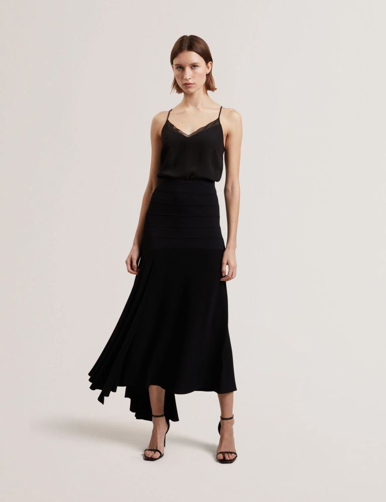Ted Baker Laurrie - Asymmetric Waterfall Hem Knitted Midi Skirt Röcke Damen Schwarz | 294183-TFQ