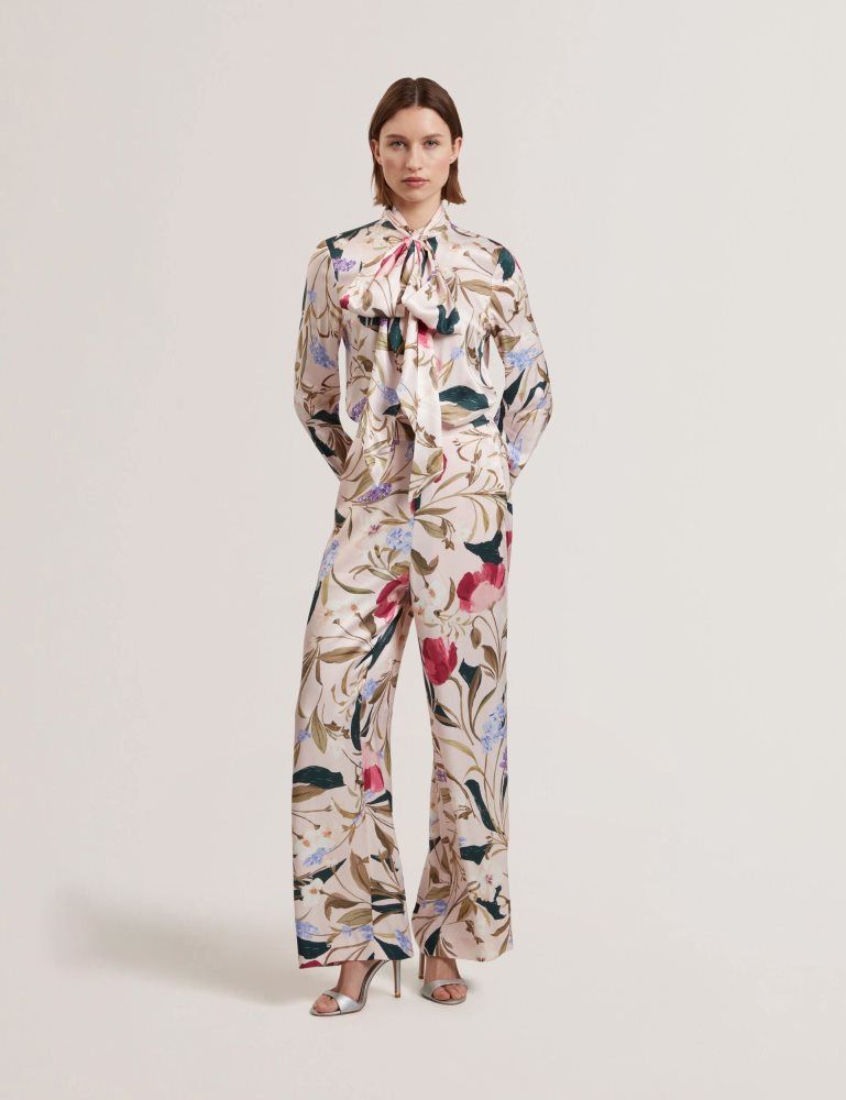 Ted Baker Leeyaa - Floral Print Tie Neck Longline Blouse T-shirts Damen Rosa | 986321-OFY