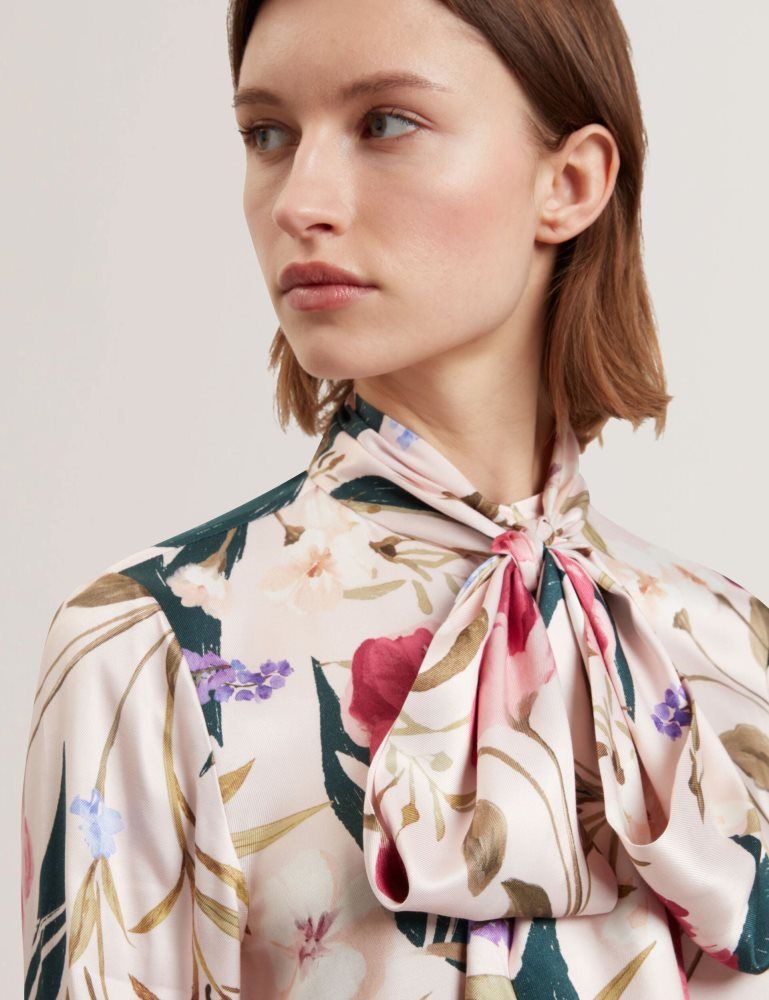 Ted Baker Leeyaa - Floral Print Tie Neck Longline Blouse T-shirts Damen Rosa | 986321-OFY