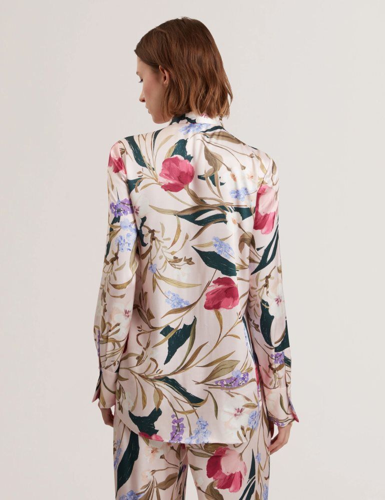 Ted Baker Leeyaa - Floral Print Tie Neck Longline Blouse T-shirts Damen Rosa | 986321-OFY