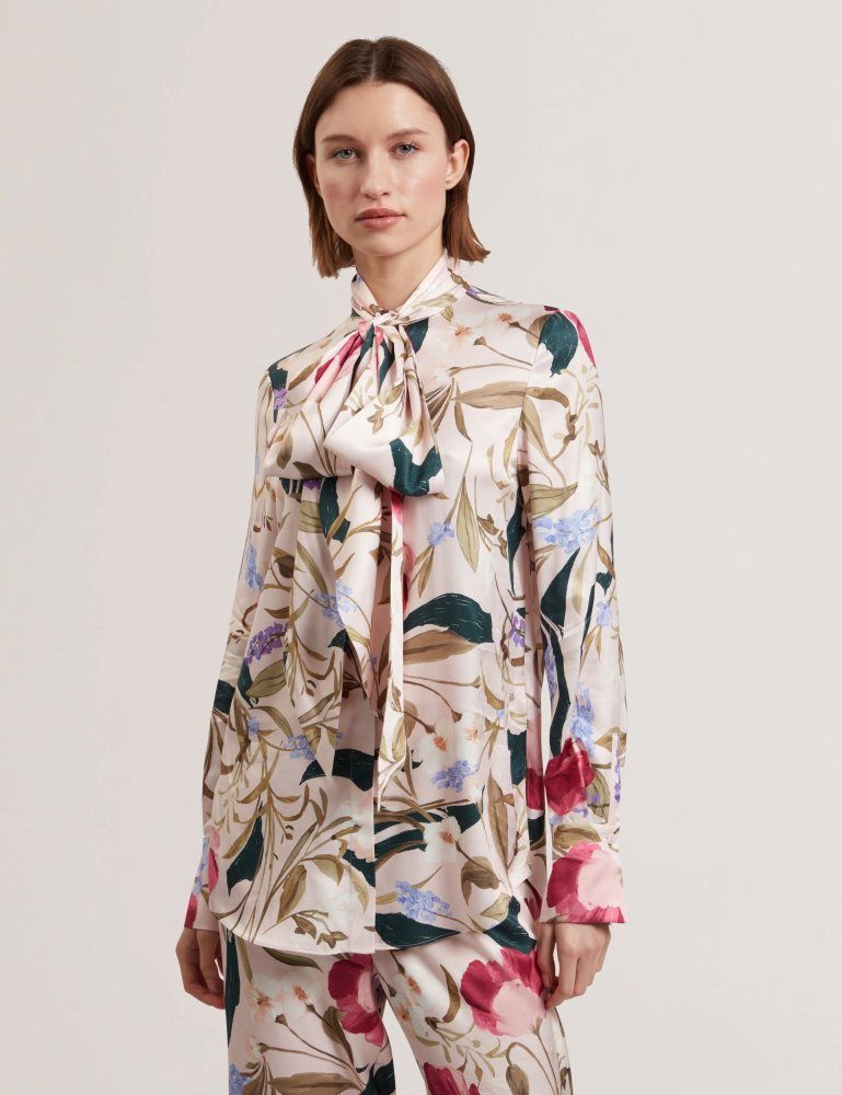Ted Baker Leeyaa - Floral Print Tie Neck Longline Blouse T-shirts Damen Rosa | 986321-OFY