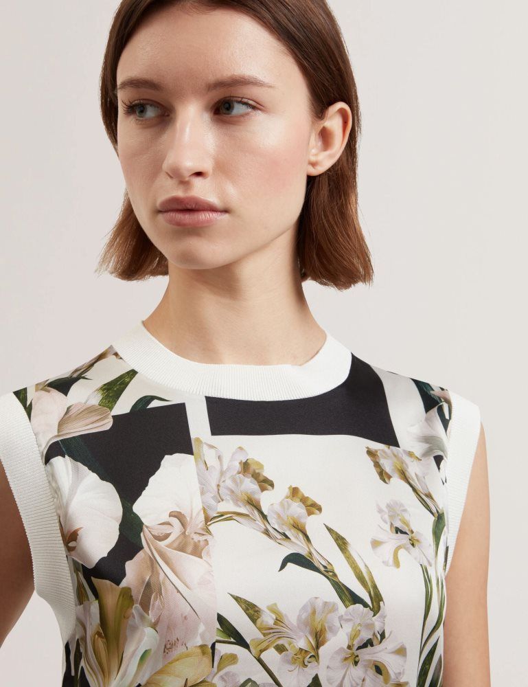 Ted Baker Liilea - Floral Print Front Boxy Knitted Tank Top T-shirts Damen Weiß | 915234-NOG