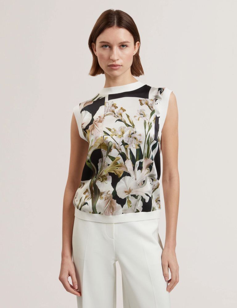Ted Baker Liilea - Floral Print Front Boxy Knitted Tank Top T-shirts Damen Weiß | 915234-NOG
