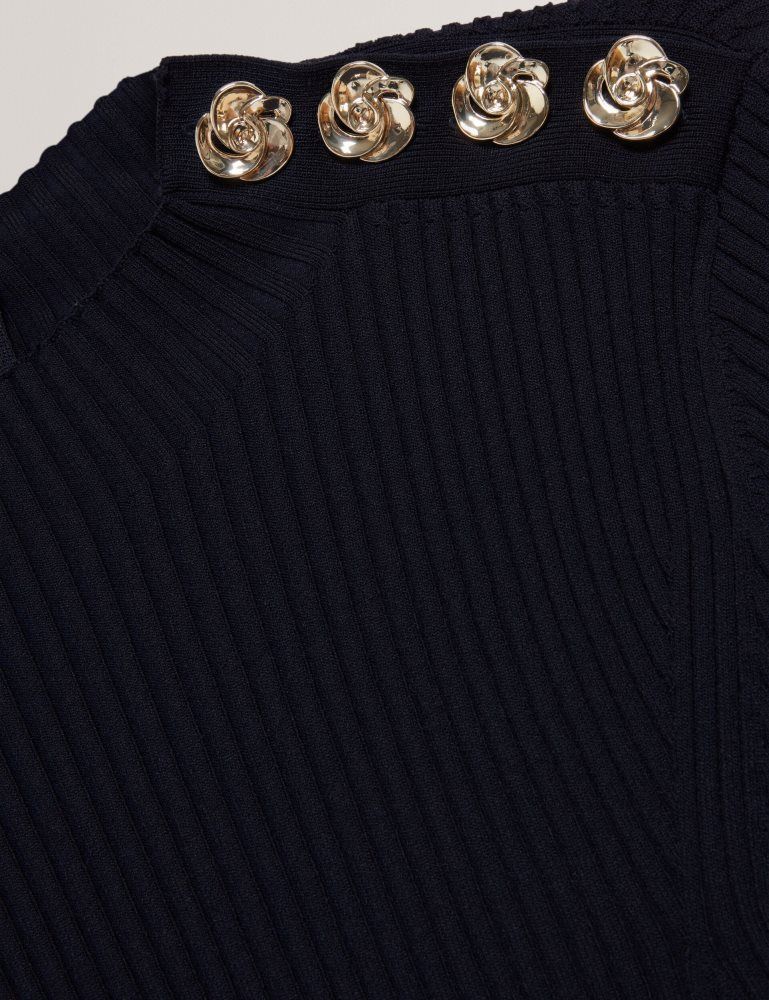 Ted Baker Lilano - Ribbed Knit Skater Dress With Rose Buttons Kleid Damen Navy | 658243-UDA