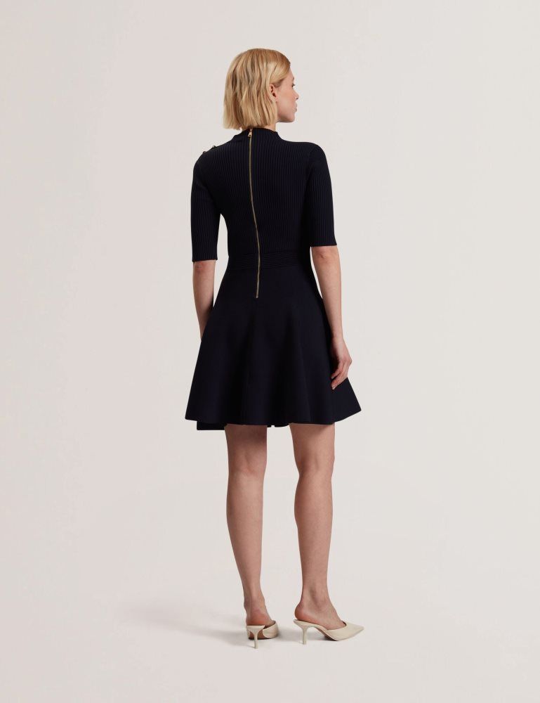 Ted Baker Lilano - Ribbed Knit Skater Dress With Rose Buttons Kleid Damen Navy | 658243-UDA