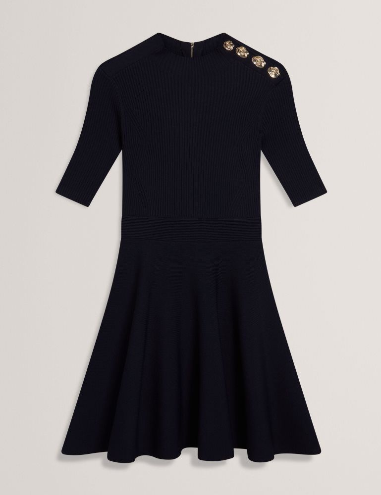 Ted Baker Lilano - Ribbed Knit Skater Dress With Rose Buttons Kleid Damen Navy | 658243-UDA