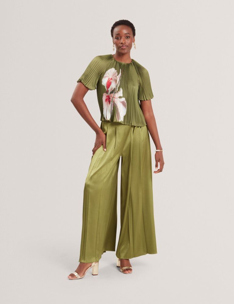 Ted Baker Lionaa - Floral Graphic Pleated Satin Blouse T-shirts Damen Grün | 306952-RFU