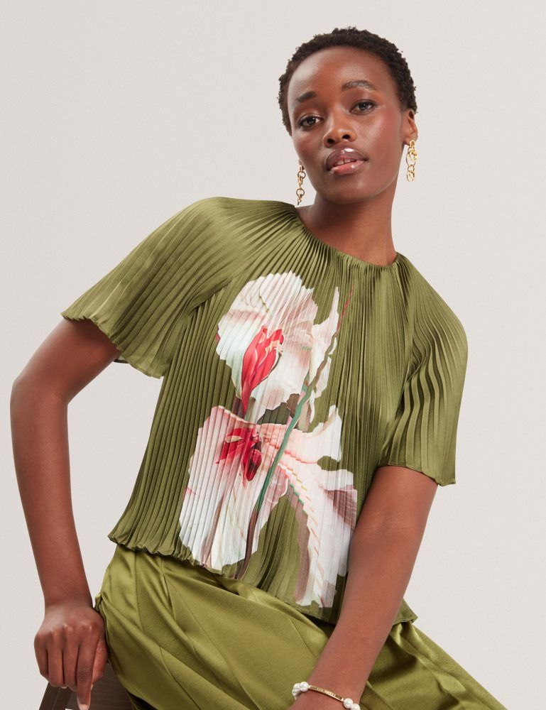 Ted Baker Lionaa - Floral Graphic Pleated Satin Blouse T-shirts Damen Grün | 306952-RFU