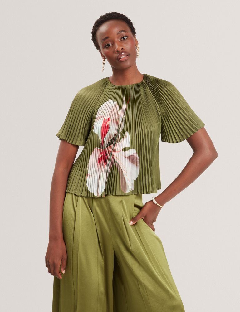 Ted Baker Lionaa - Floral Graphic Pleated Satin Blouse T-shirts Damen Grün | 306952-RFU