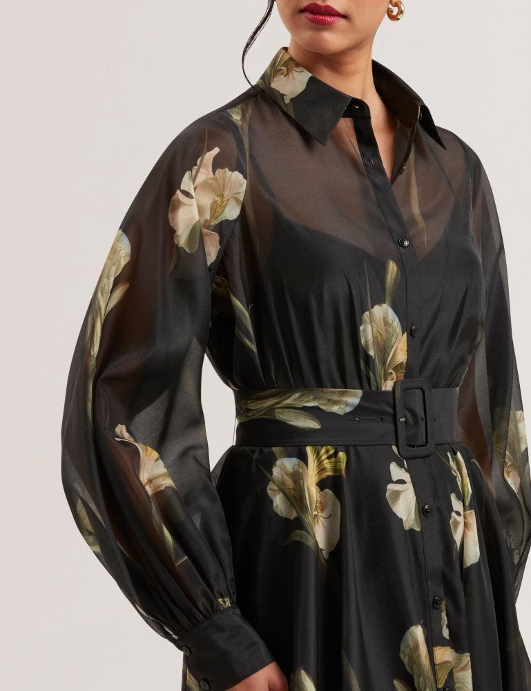 Ted Baker Liorra - Floral Organza Belted Midi Shirt Dress Kleid Damen Schwarz | 715830-TEK