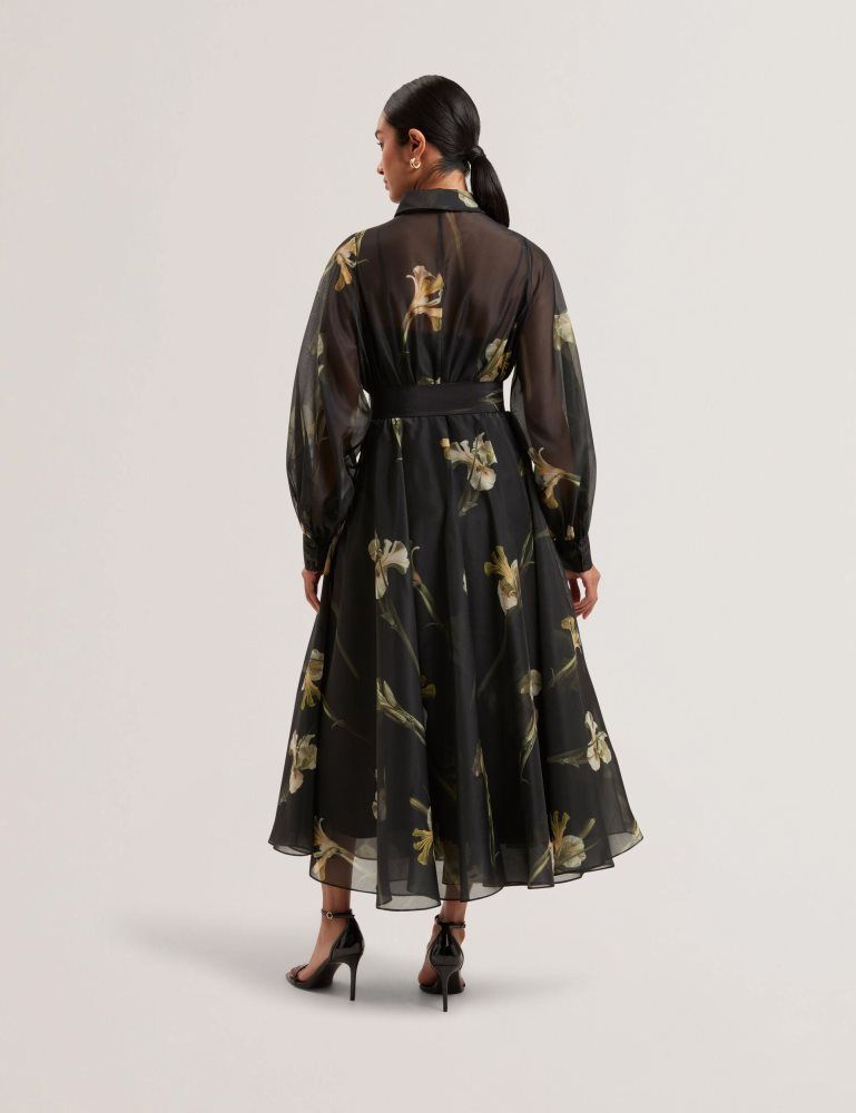 Ted Baker Liorra - Floral Organza Belted Midi Shirt Dress Kleid Damen Schwarz | 715830-TEK