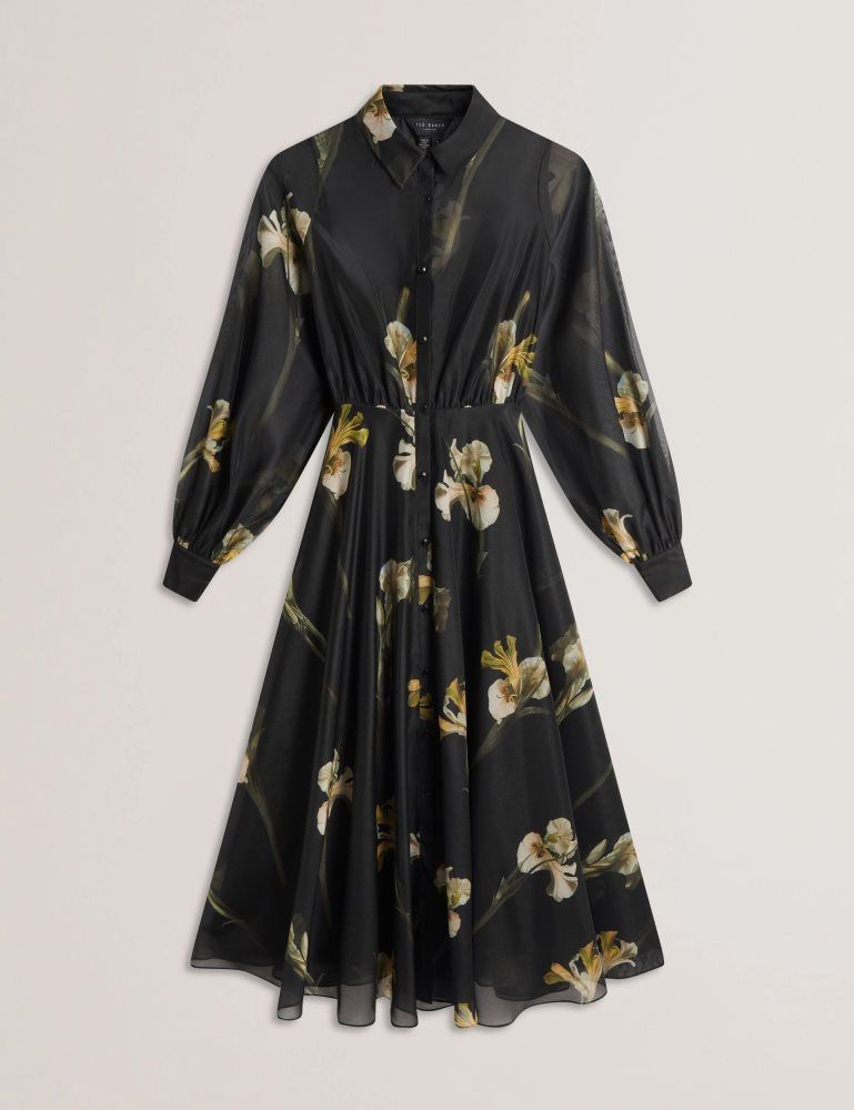 Ted Baker Liorra - Floral Organza Belted Midi Shirt Dress Kleid Damen Schwarz | 715830-TEK