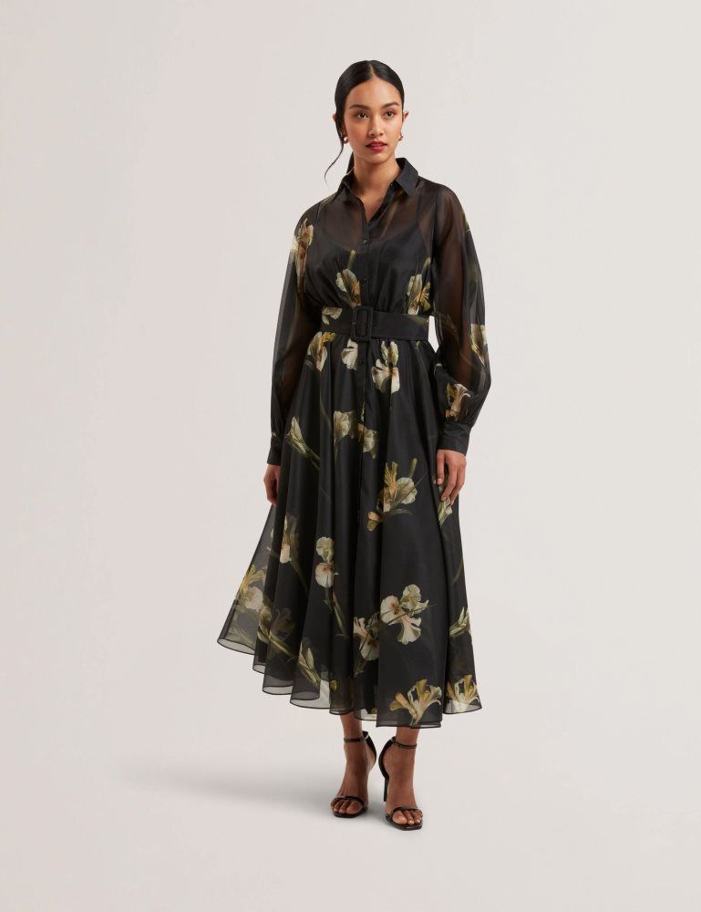 Ted Baker Liorra - Floral Organza Belted Midi Shirt Dress Kleid Damen Schwarz | 715830-TEK