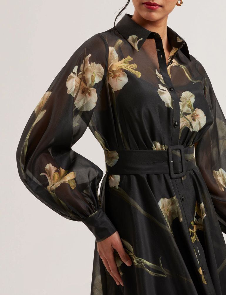 Ted Baker Liorral - Floral Organza Belted Maxi Shirt Dress Kleid Damen Schwarz | 816350-UCG