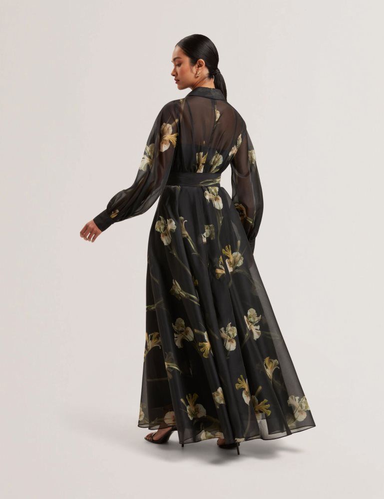 Ted Baker Liorral - Floral Organza Belted Maxi Shirt Dress Kleid Damen Schwarz | 816350-UCG