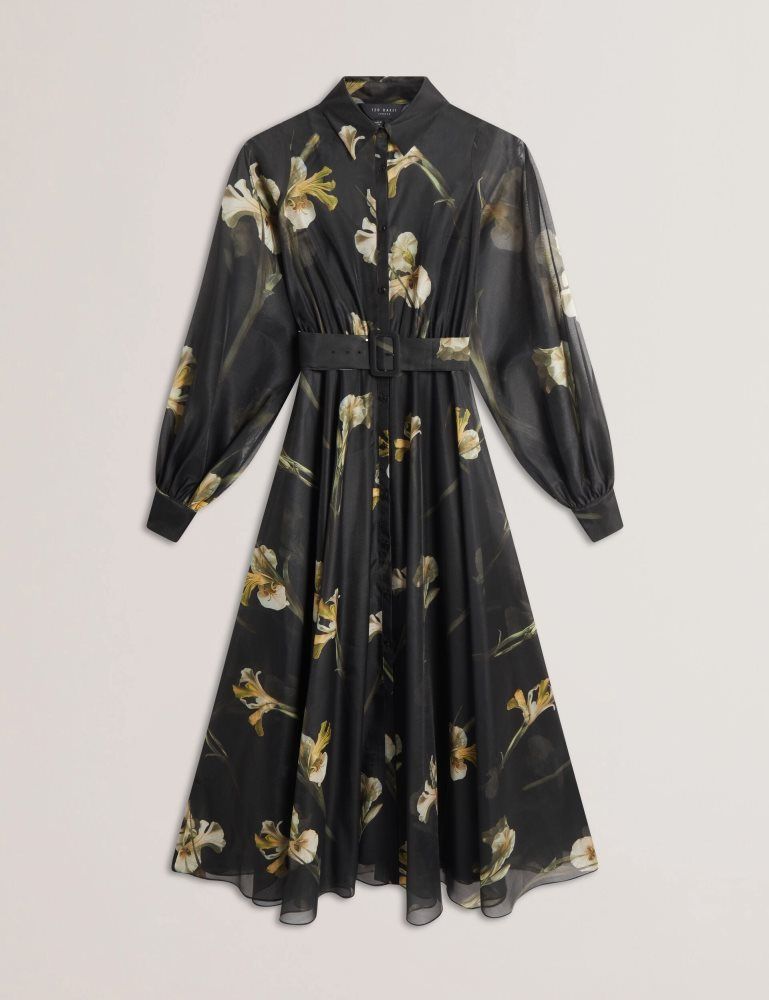 Ted Baker Liorral - Floral Organza Belted Maxi Shirt Dress Kleid Damen Schwarz | 816350-UCG